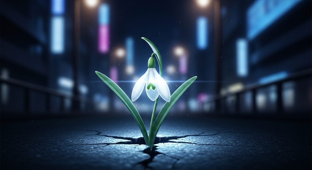 15歳のテロリストのあらすじと魅力を象徴する画像。暗いアスファルトから咲く一輪の白いスノードロップが希望を表している。
