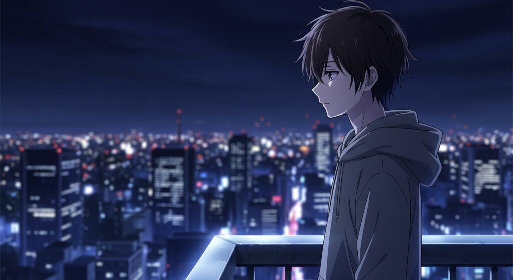 15歳のテロリストの主人公・渡辺篤人が、夜の都市を背景に一人、物憂げな表情で立ち尽くすアニメ風画像