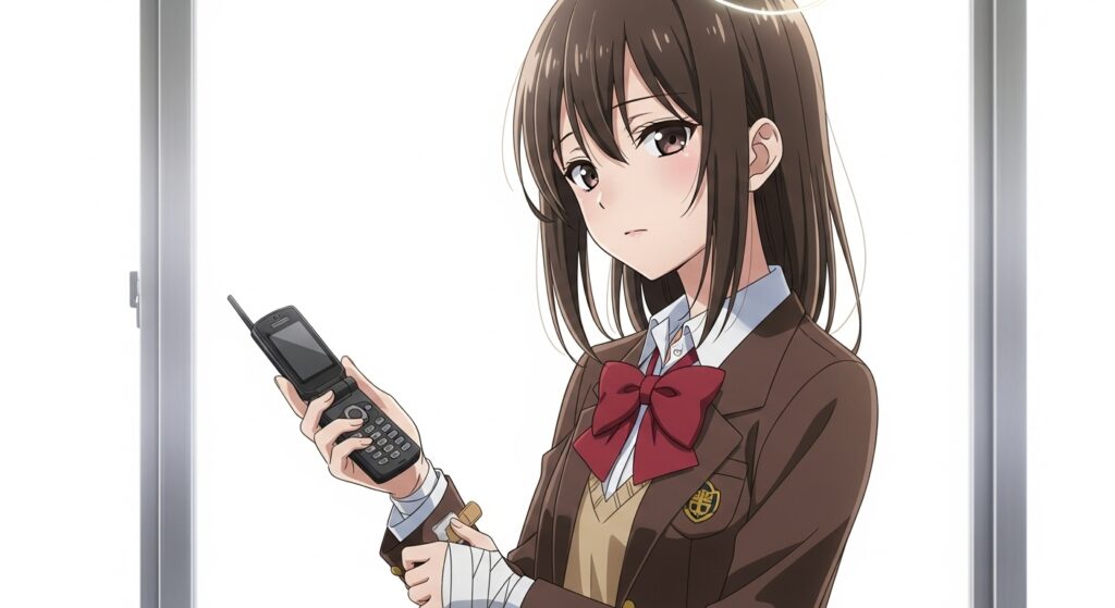 『嘘つきみーくんと壊れたまーちゃん』のあらすじを紹介する画像。制服姿のヒロイン御園マユが、携帯電話と包帯を巻いた手首を見せながら、憂いを帯びた表情で立っている。