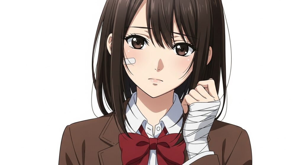 『嘘つきみーくんと壊れたまーちゃん』のヒロイン、御園マユ。制服姿で、手首に包帯を巻き、憂いを帯びた表情を浮かべている。