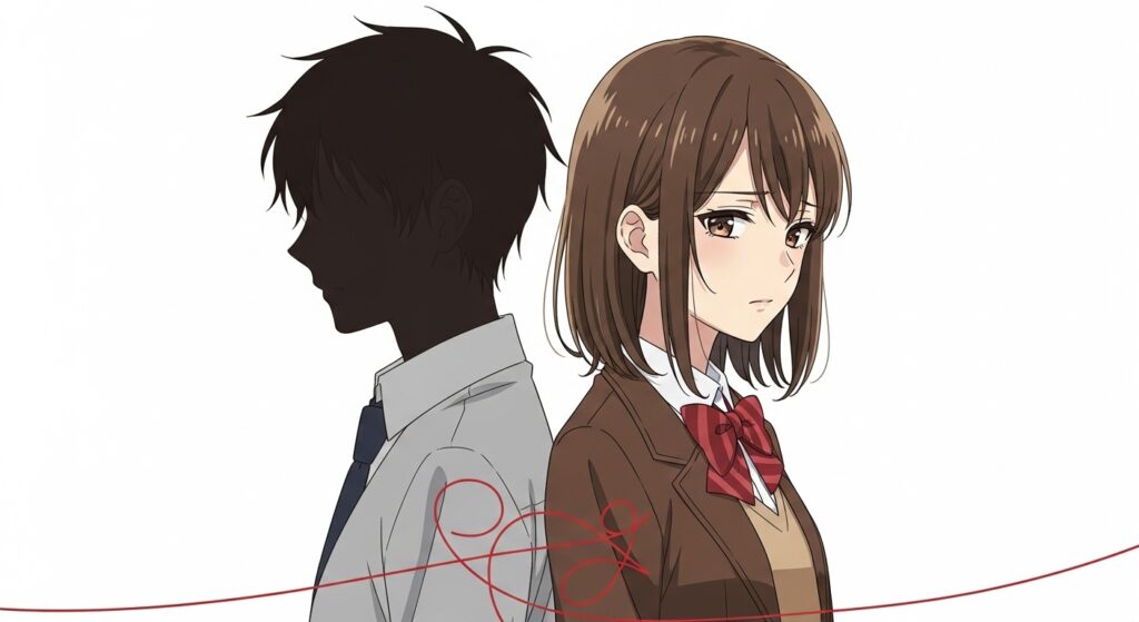 『嘘つきみーくんと壊れたまーちゃん』の登場人物紹介画像。ヒロイン御園マユが切なげな表情を見せ、顔が見えない主人公の「僕」と背中合わせに立っている。二人の間には赤い糸が絡まっている。