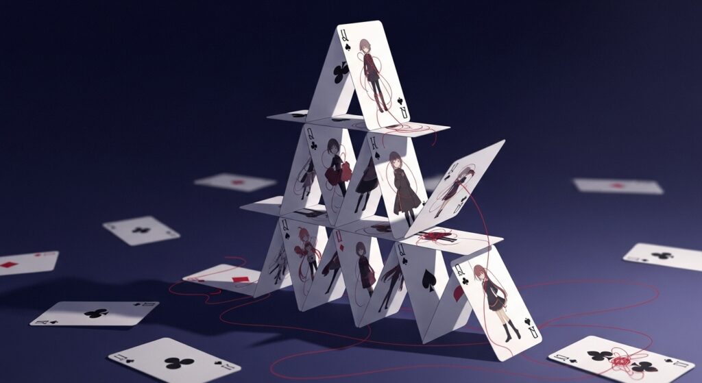 『嘘つきみーくんと壊れたまーちゃん』の「どんでん返し」を象徴する画像。精巧に積まれたトランプの家が土台から崩れ落ちる瞬間が描かれ、前提の崩壊を表現している。