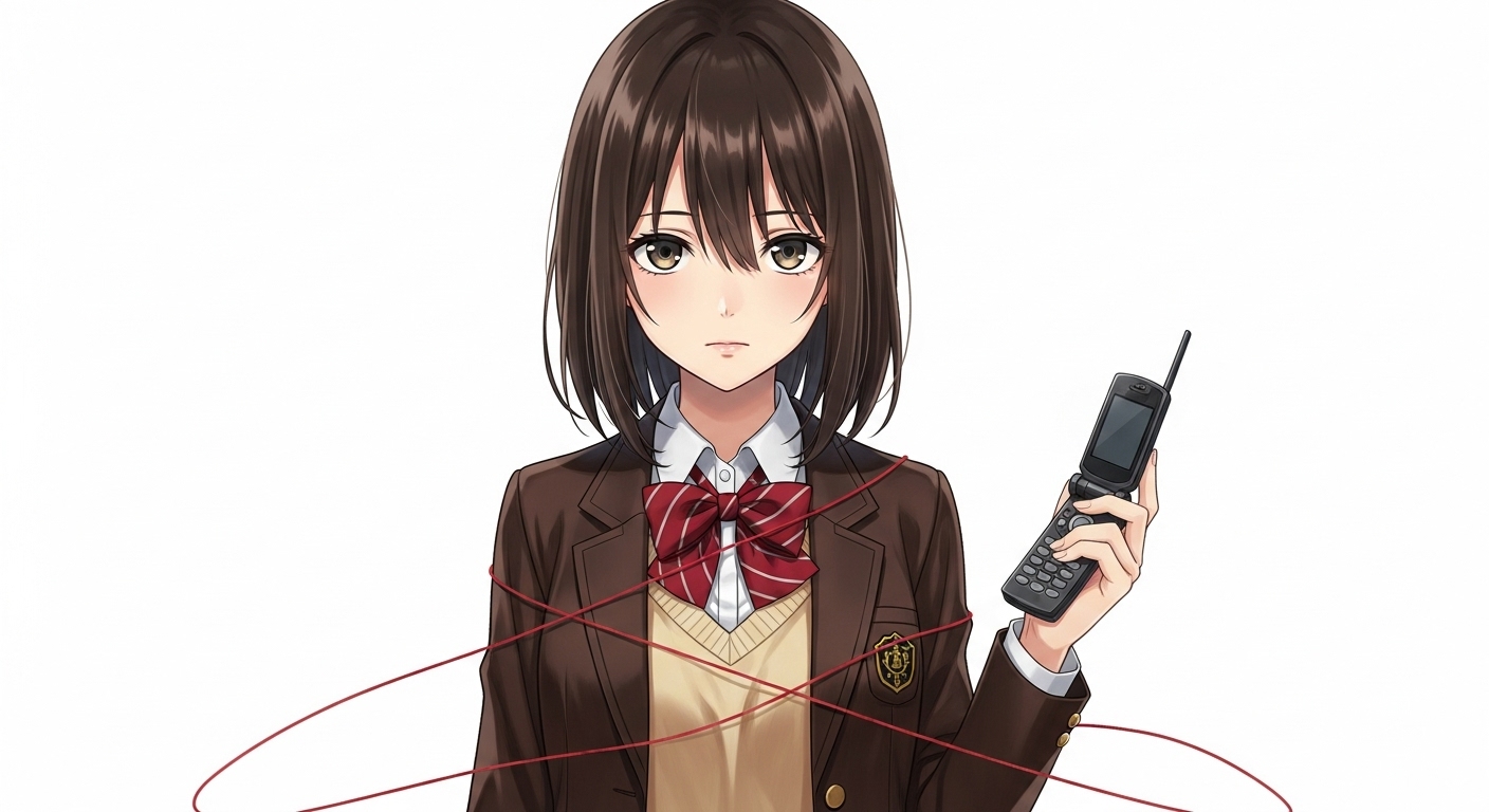 『嘘つきみーくんと壊れたまーちゃん』のアイキャッチ画像。制服姿のヒロイン「御園マユ」が、体に赤い糸を巻き付け、憂いを帯びた表情でこちらを見つめている。