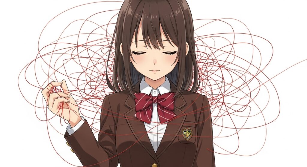 『嘘つきみーくんと壊れたまーちゃん』の「伏線」を象徴する画像。ヒロイン御園マユが目を閉じ、手に持った一本の赤い糸が背後で複雑な迷路のように絡まっている。