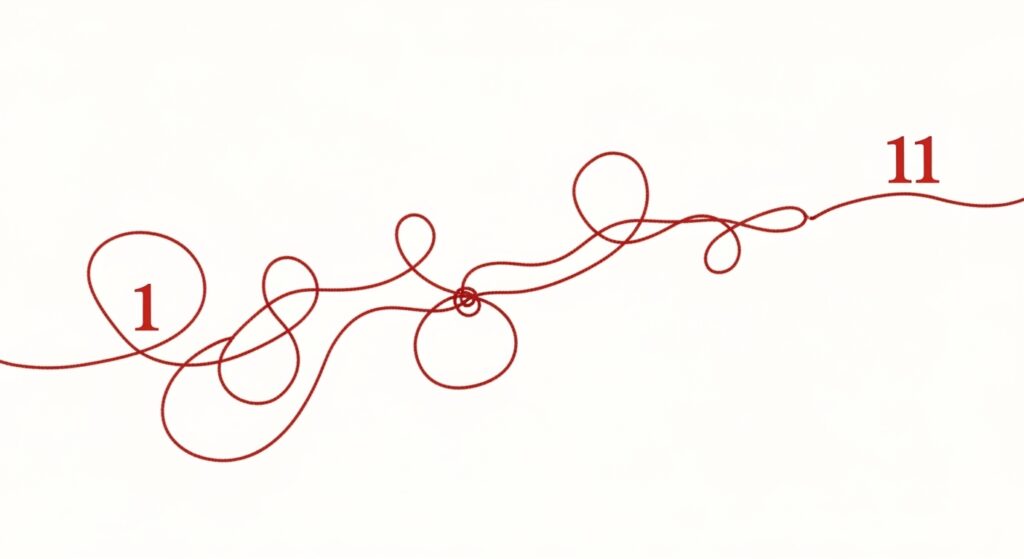 『嘘つきみーくんと壊れたまーちゃん』の「読む順番」を象徴する画像。一本の赤い糸が複雑な迷路のように絡み合っており、刊行順に読むことの重要性を示唆している。