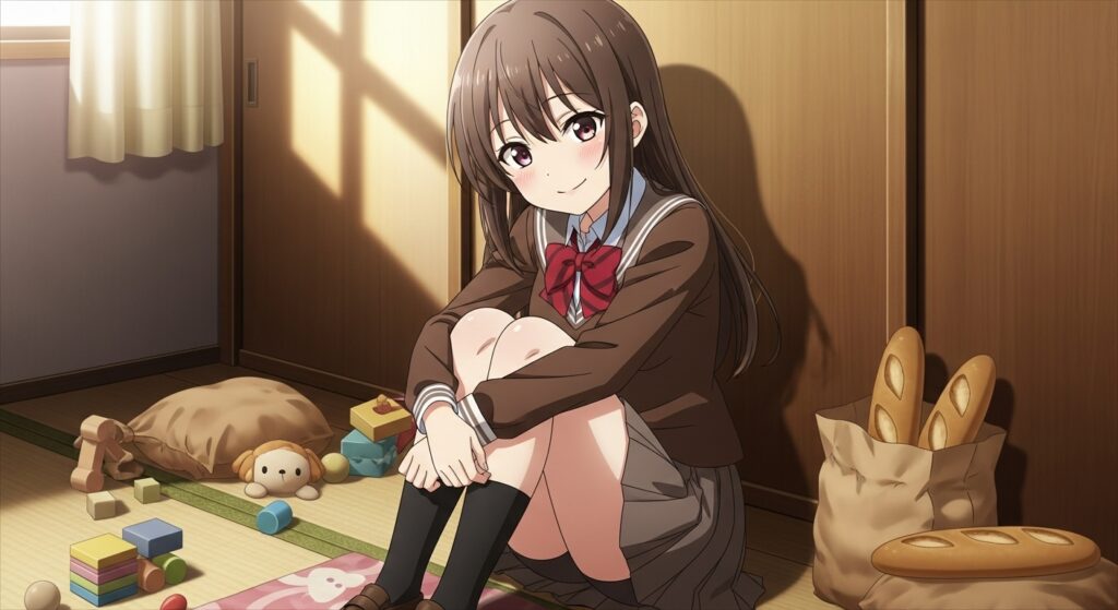 『嘘つきみーくんと壊れたまーちゃん』のヒロインの狂気を描いた画像。制服姿の御園マユが薄暗い部屋で無邪気な笑顔を浮かべており、そのアンバランスさが狂気を際立たせている。