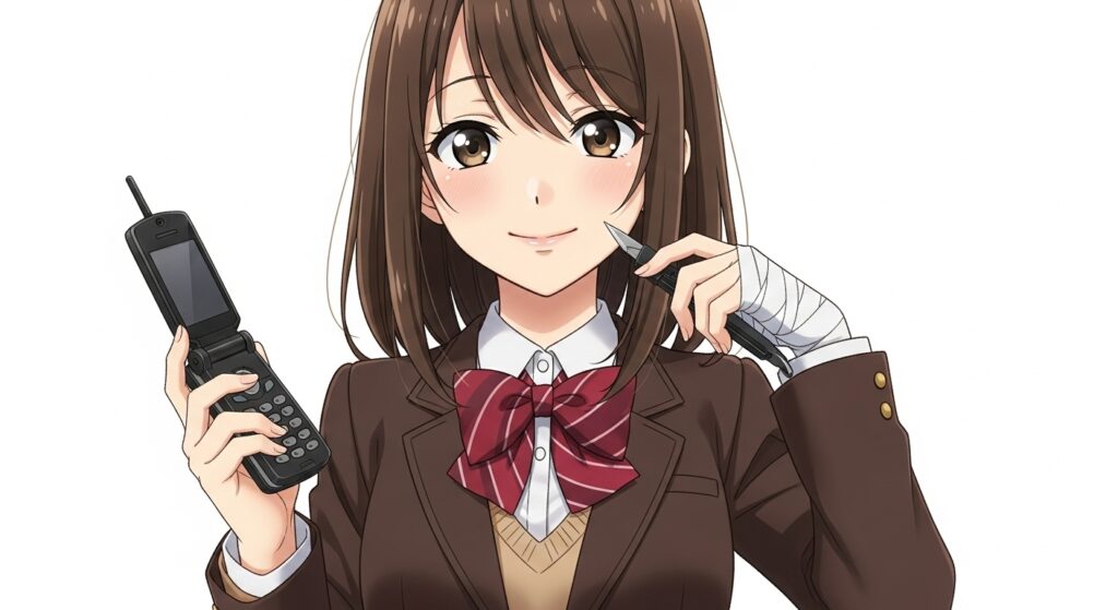 『嘘つきみーくんと壊れたまーちゃん』のヒロイン御園マユが、制服姿で可愛らしく微笑みながらも、手首の包帯や何かを隠すような仕草で狂気を漂わせている。