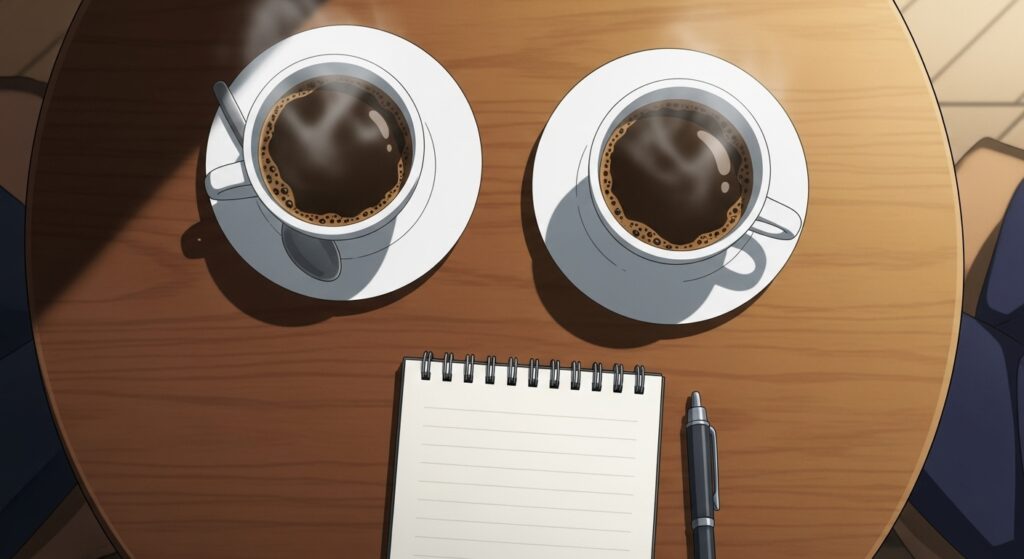 『嘘つきみーくんと壊れたまーちゃん』のミステリ要素を象徴する画像。テーブルに置かれた二つのコーヒーカップとメモ帳が、刑事との会話劇を暗示している。