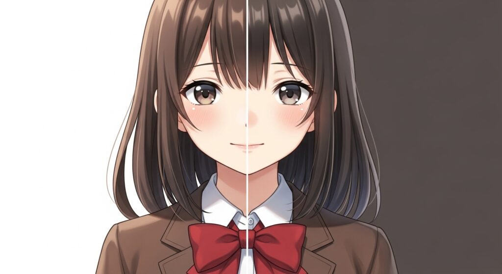 『嘘つきみーくんと壊れたまーちゃん』の「叙述トリック」を象徴する画像。ヒロイン御園マユの顔が中央で分かれ、左は穏やかな表情、右は無表情な二面性を描いている。