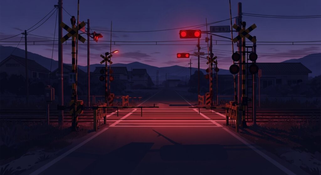 『嘘つきみーくんと壊れたまーちゃん』のサイコサスペンスの雰囲気を象徴する画像。夜の無人の交差点が赤信号に照らされ、暗く不穏な空気が漂っている。
