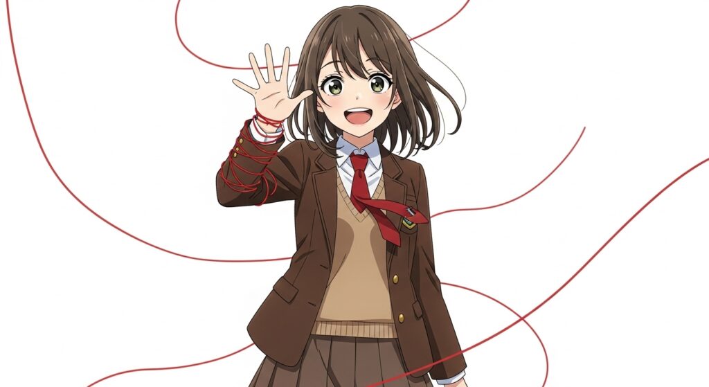 『嘘つきみーくんと壊れたまーちゃん』の感想・評価を紹介する画像。ヒロイン御園マユが制服姿で明るく笑っているが、その体には赤い糸が絡みついており、幸福と不幸の二面性を暗示している。