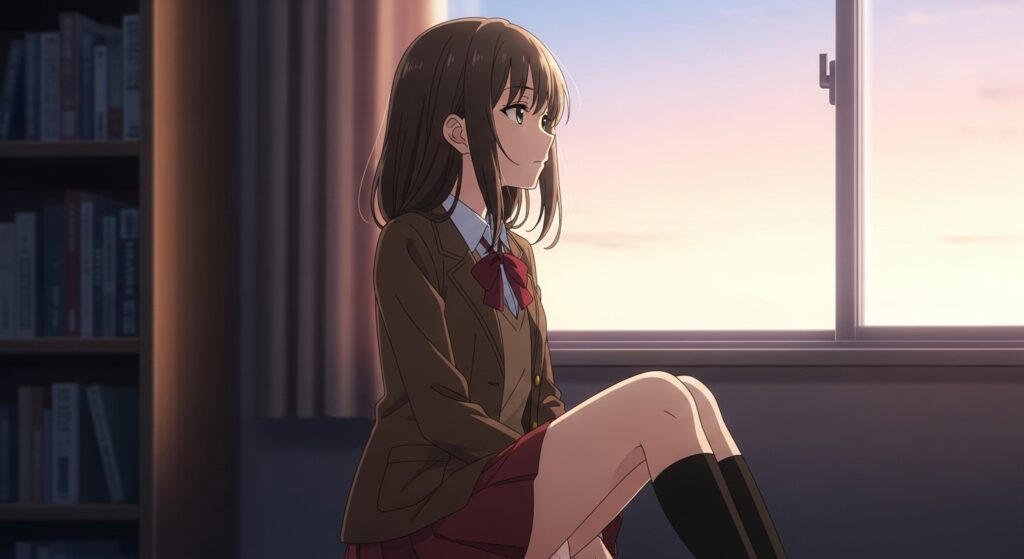 『嘘つきみーくんと壊れたまーちゃん』の「再読」を象徴する画像。制服姿のヒロイン御園マユが窓辺に座り、夕焼けの中で物憂げに遠くを見つめている。