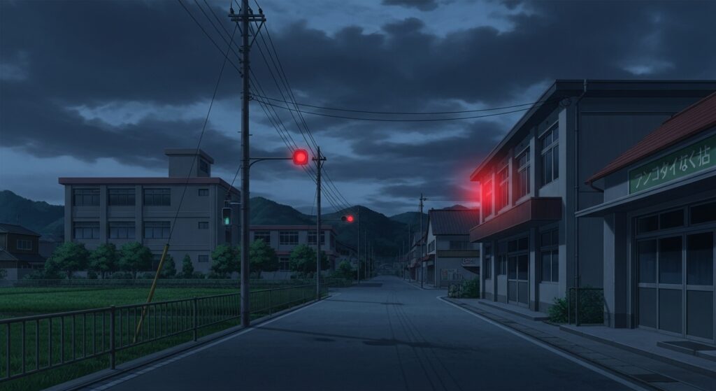 『嘘つきみーくんと壊れたまーちゃん』の舞台。一見平和な田舎町だが、暗い空と赤い光が不穏な事件を暗示している。