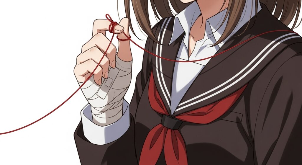 『嘘つきみーくんと壊れたまーちゃん』のまとめ画像。ヒロイン御園マユの指に赤い糸が結ばれており、歪んだ愛と絆を象徴している。