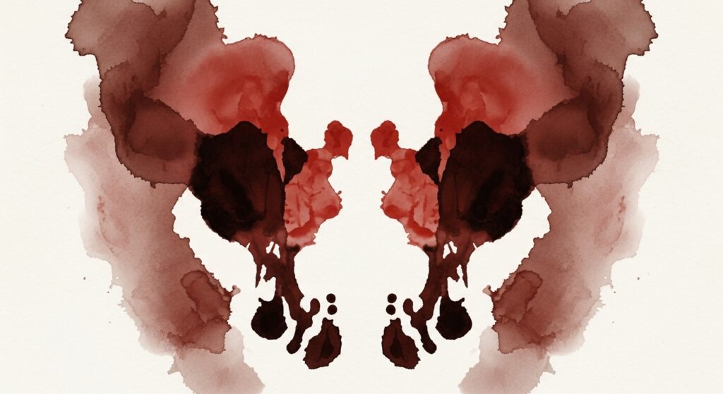 『嘘つきみーくんと壊れたまーちゃん』の心理テーマを象徴する画像。赤と黒のインクが不気味に滲んだ、ロールシャッハ・テストのような抽象的なイラスト。