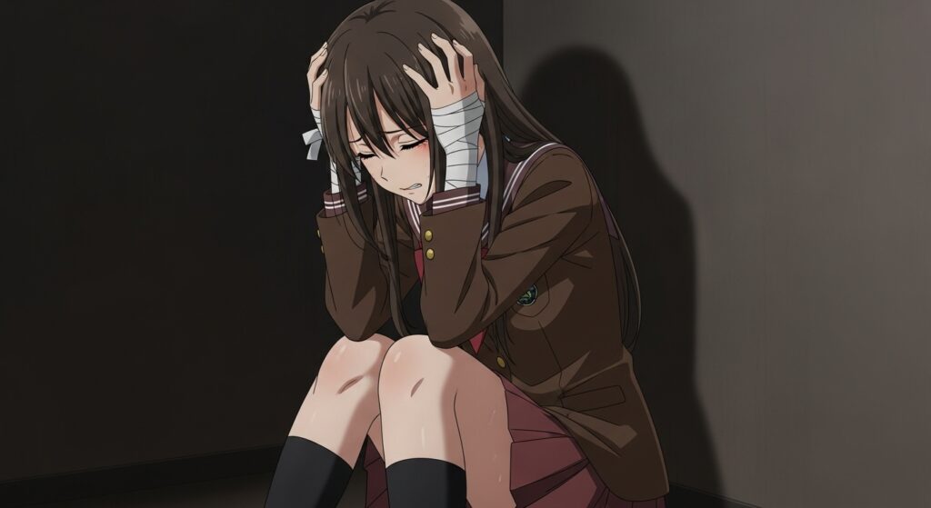 『嘘つきみーくんと壊れたまーちゃん』のトラウマを象徴する画像。ヒロインの御園マユが制服姿で頭を抱えて苦しんでおり、手首には包帯が巻かれている。