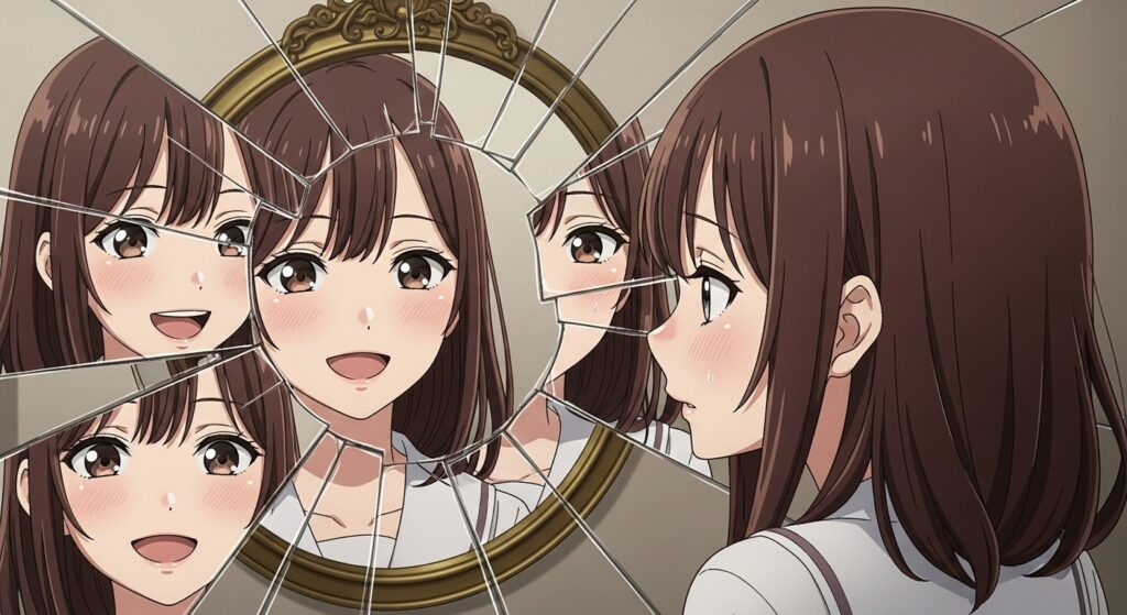 『嘘つきみーくんと壊れたまーちゃん』の「信頼できない語り手」を象徴する画像。割れた鏡の破片に、ヒロイン御園マユの様々な表情（笑顔や無表情）が映り込み、真実が分からない混乱を表現している。