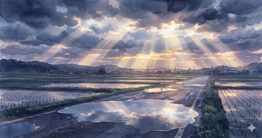 雨上がりの空と水たまり、物語の読後感を象徴する風景