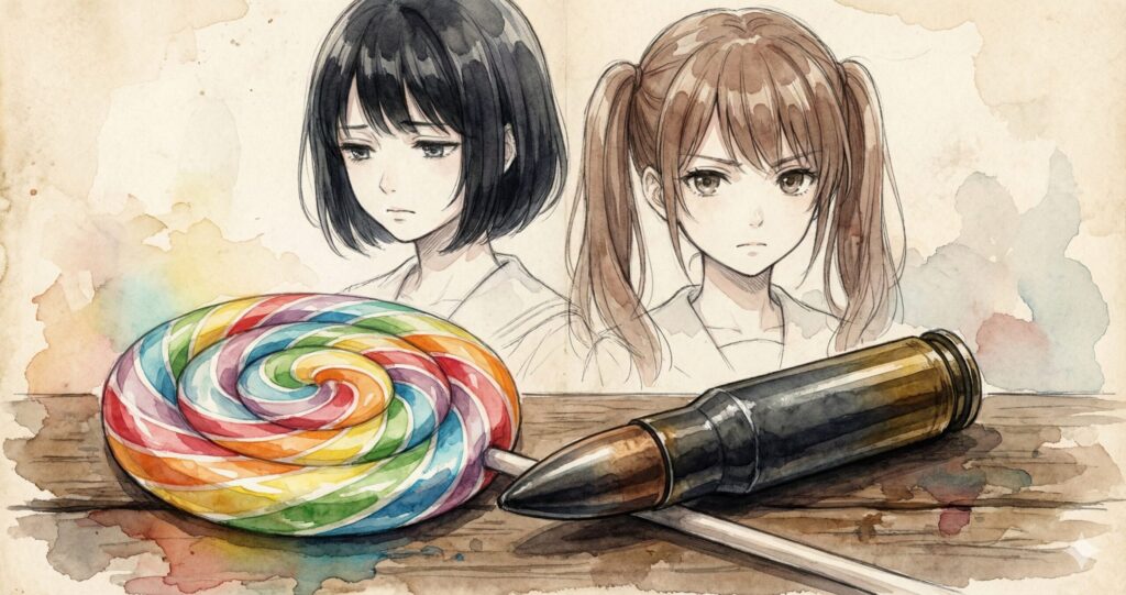 「砂糖菓子の弾丸」と「実弾」の対比と、なぎさと藻屑の考察イメージ