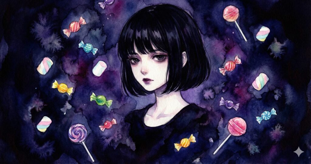 「好きって絶望だよね」を象徴する、お菓子に囲まれた海野藻屑のイラスト