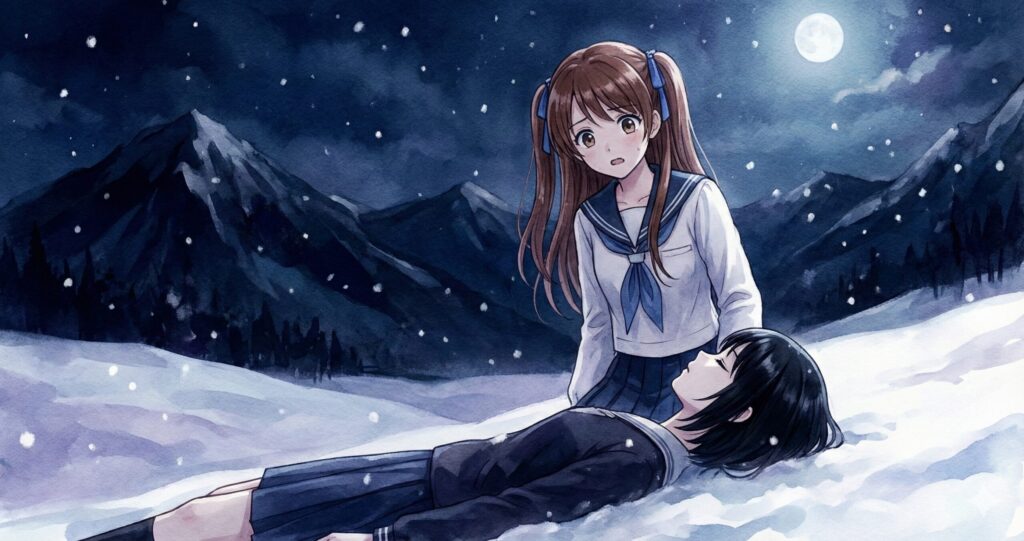 雪の中に横たわる海野藻屑を見つける山田なぎさのイメージ