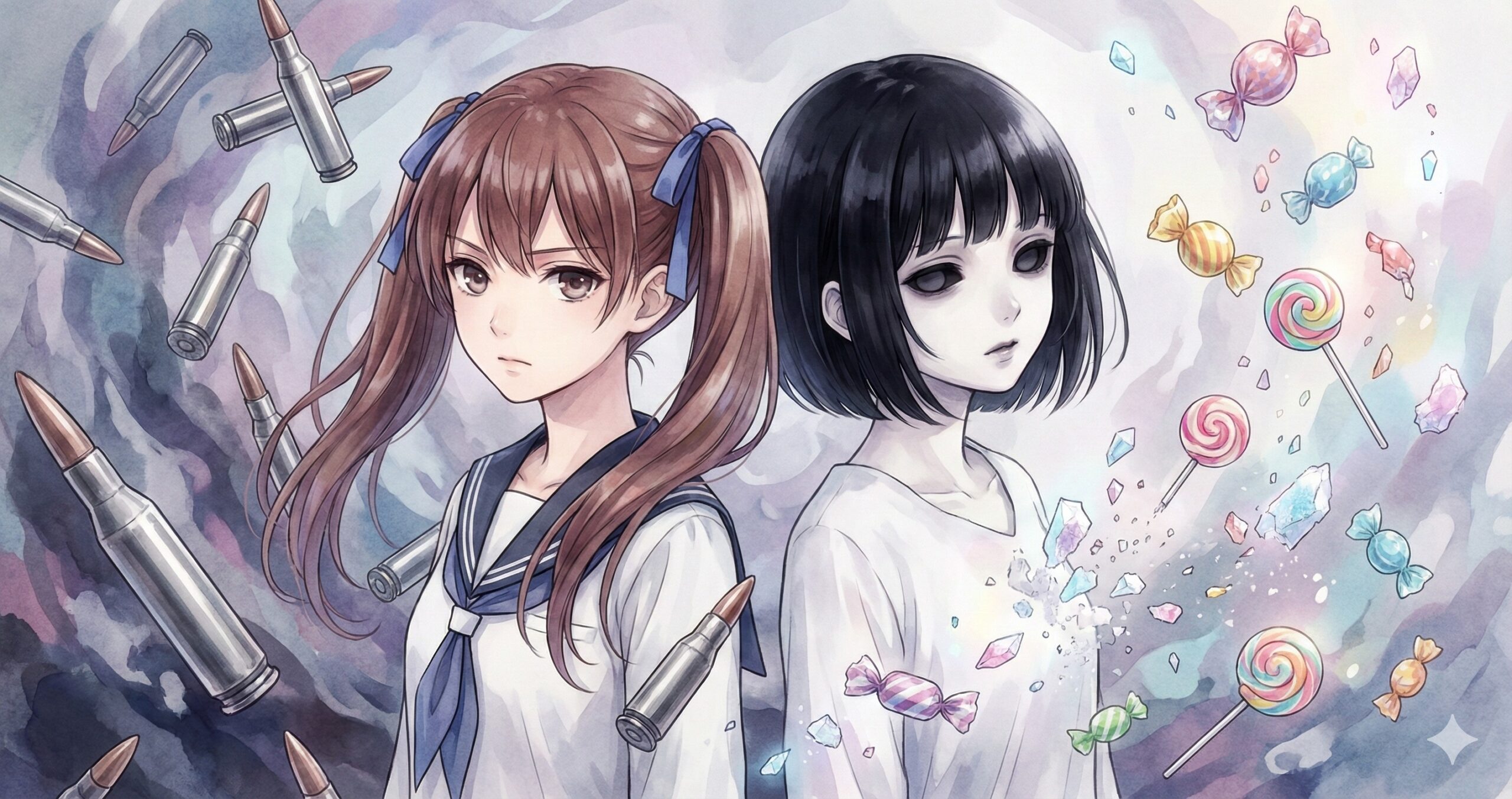 背中合わせに立つ山田なぎさと海野藻屑。なぎさの周りには実弾が、藻屑の周りには崩れ落ちる砂糖菓子が舞っている幻想的なイラスト