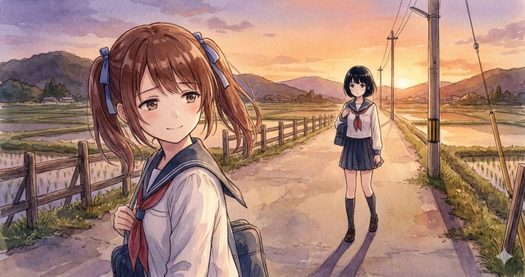 夕暮れ時の山田なぎさと海野藻屑、変化していく二人の関係性