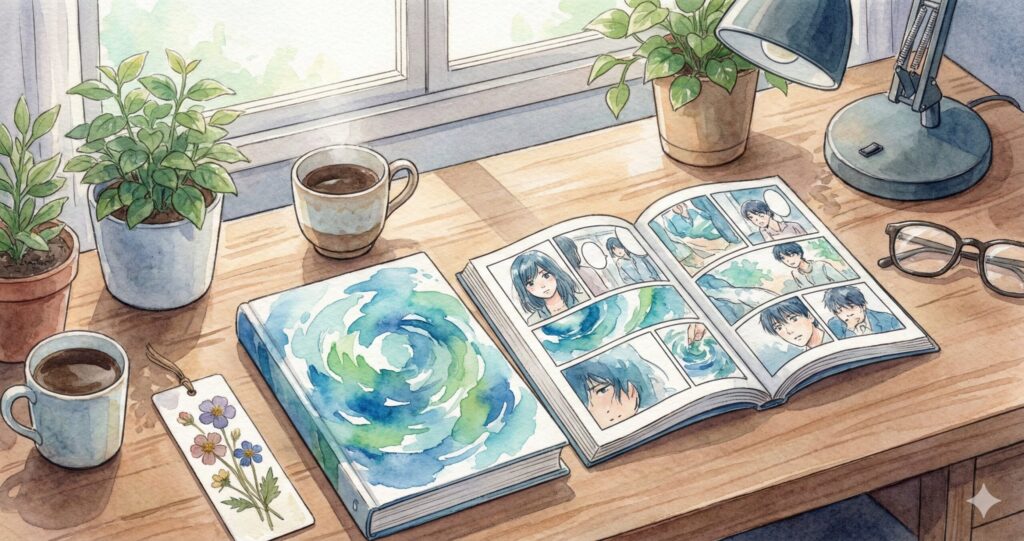 机に置かれた小説と漫画、静かな読書のひととき