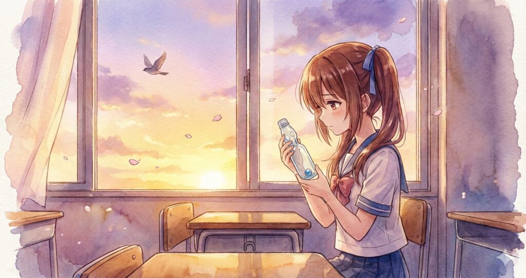 『砂糖菓子の弾丸は撃ちぬけない』の読後感を表現した、教室のなぎさのイラスト