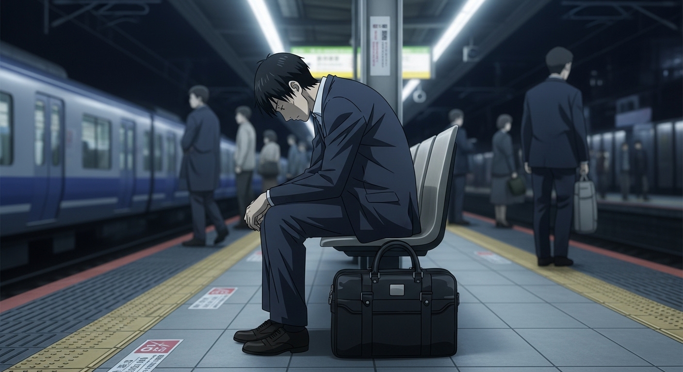 『ちょっと今から仕事やめてくる』の主人公・隆がブラック企業での疲弊により、夜の駅のホームで孤独にうつむく場面