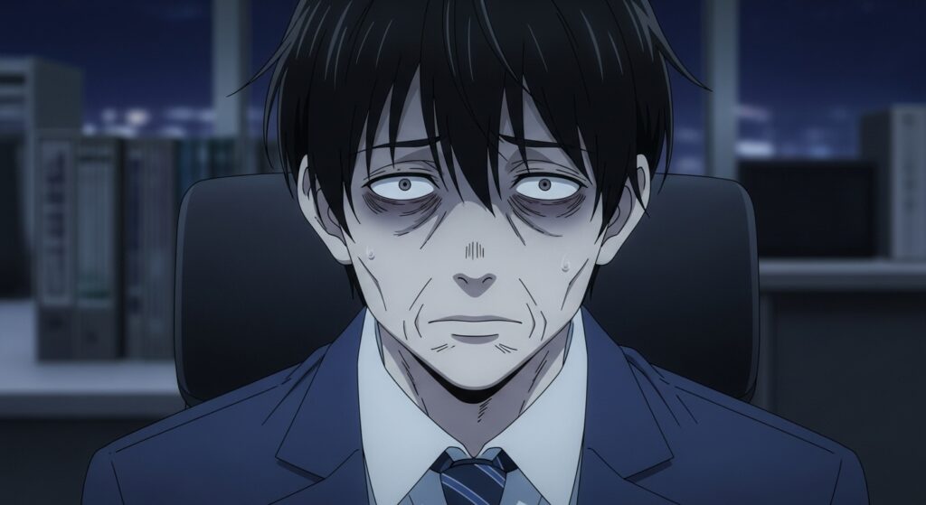 『ちょっと今から仕事やめてくる』の主人公・青山隆が、ブラック企業で精神的に疲弊しきった表情を浮かべているクローズアップ