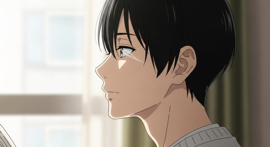 『ちょっと今から仕事やめてくる』を読み終え、心が救われたように穏やかな表情を浮かべる主人公・隆のイメージ