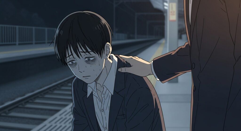 『ちょっと今から仕事やめてくる』の主人公・隆が駅のホームで絶望しているところを、謎の男ヤマモトが救おうとする場面のイメージ