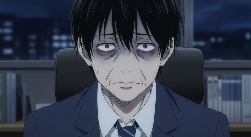 『ちょっと今から仕事やめてくる』の主人公・青山隆が、ブラック企業で精神的に疲弊しきった表情を浮かべているクローズアップ