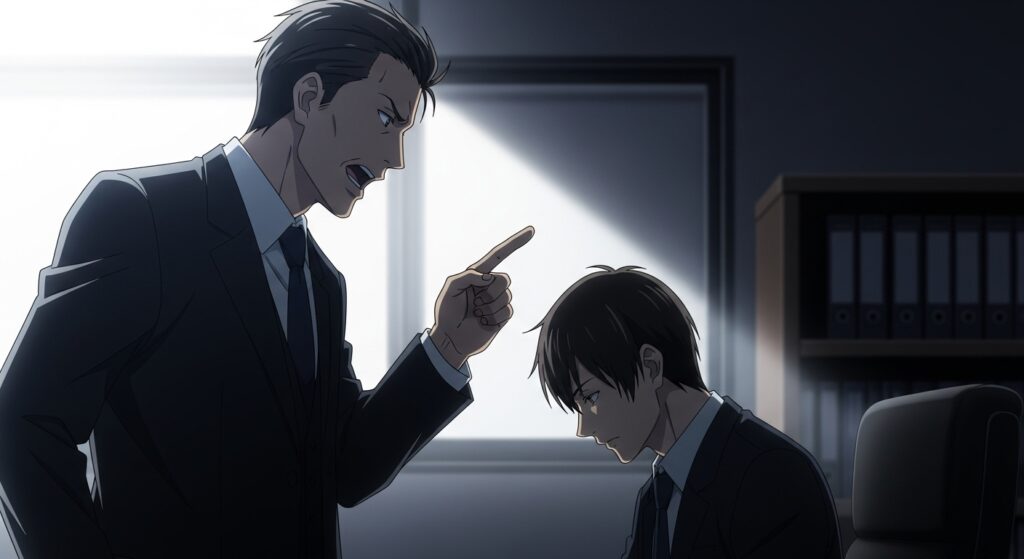 『ちょっと今から仕事やめてくる』のパワハラ上司（部長）が、主人公・隆を激しく叱責している場面のイメージ