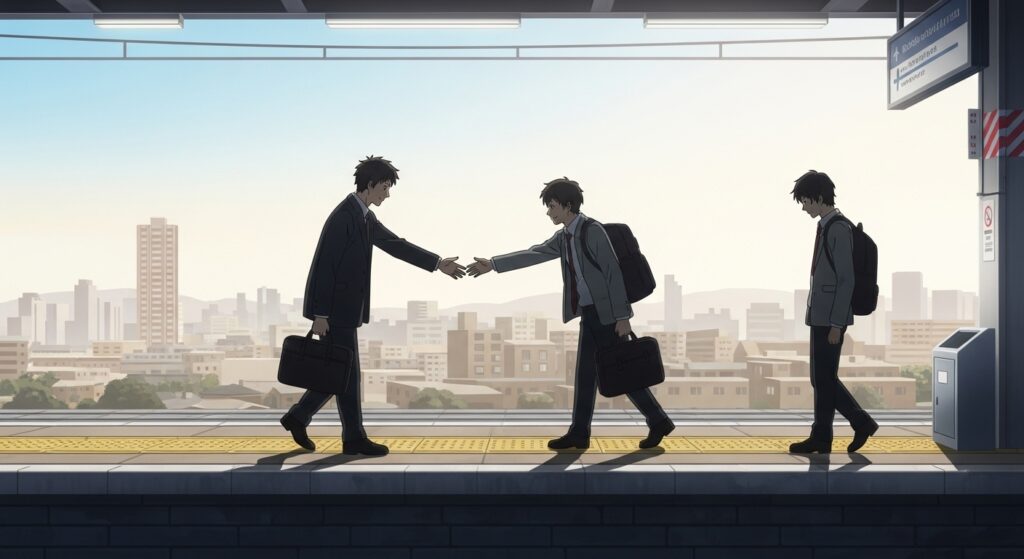 『ちょっと今から仕事やめてくる』の主人公・隆が、今度は自分が誰かを助けようとする「救いの連鎖」のイメージ