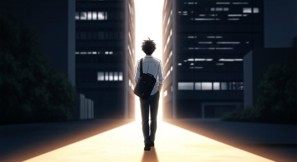 『ちょっと今から仕事やめてくる』の主人公・隆が、ブラック企業に背を向け、希望の光に向かって歩き出すイメージ