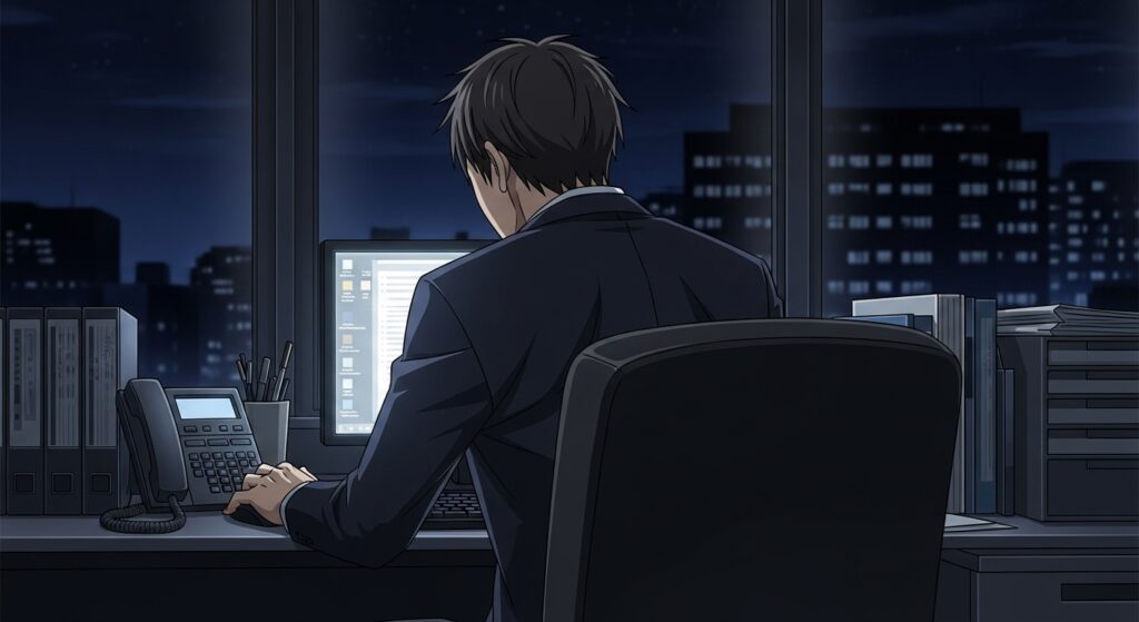 『ちょっと今から仕事やめてくる』の主人公・隆のように、夜のオフィスで一人疲れ果てている社会人のイメージ