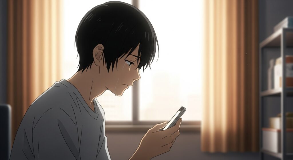 『ちょっと今から仕事やめてくる』の主人公・隆が、家族との電話で感動し、救われた場面のイメージ