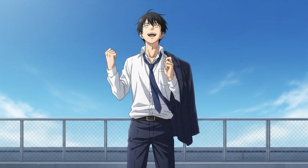 『ちょっと今から仕事やめてくる』の主人公・隆が、全てから解放され、ビルの屋上で晴れやかな表情で空を見上げている場面