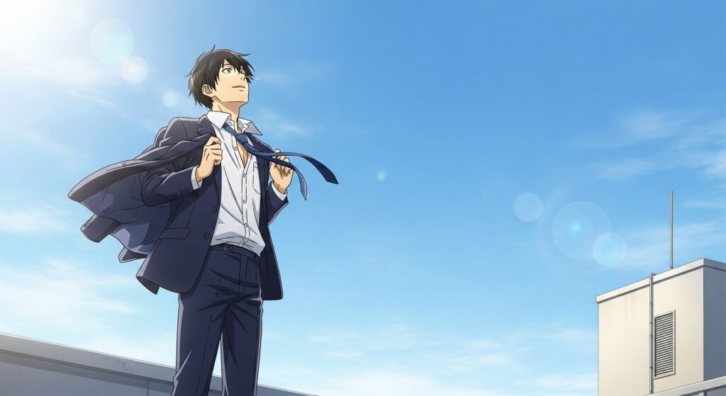 『ちょっと今から仕事やめてくる』の読後感、再生した主人公が晴れやかな青空を見上げる希望のイメージ