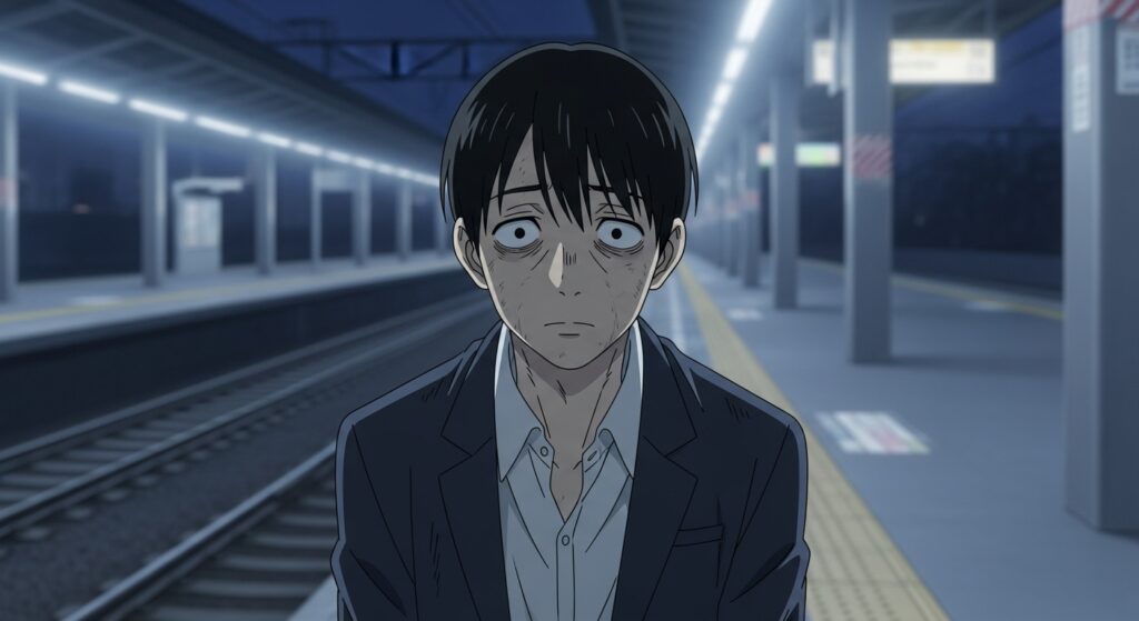 『ちょっと今から仕事やめてくる』の主人公・隆が、ブラック企業での疲弊により駅のホームで絶望している場面