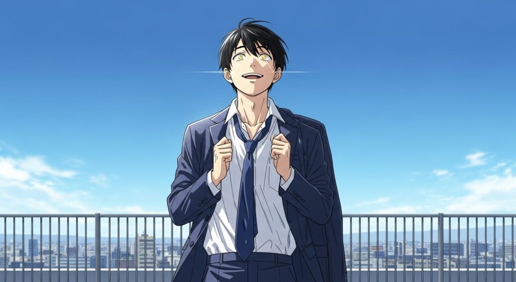 『ちょっと今から仕事やめてくる』の主人公・隆が、全てから解放され、ビルの屋上で晴れやかな表情で空を見上げている場面