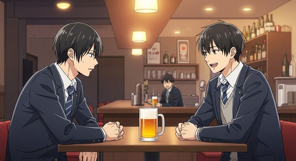 『ちょっと今から仕事やめてくる』の主人公・隆が、謎の男ヤマモトと居酒屋で出会い、話を聞いている場面