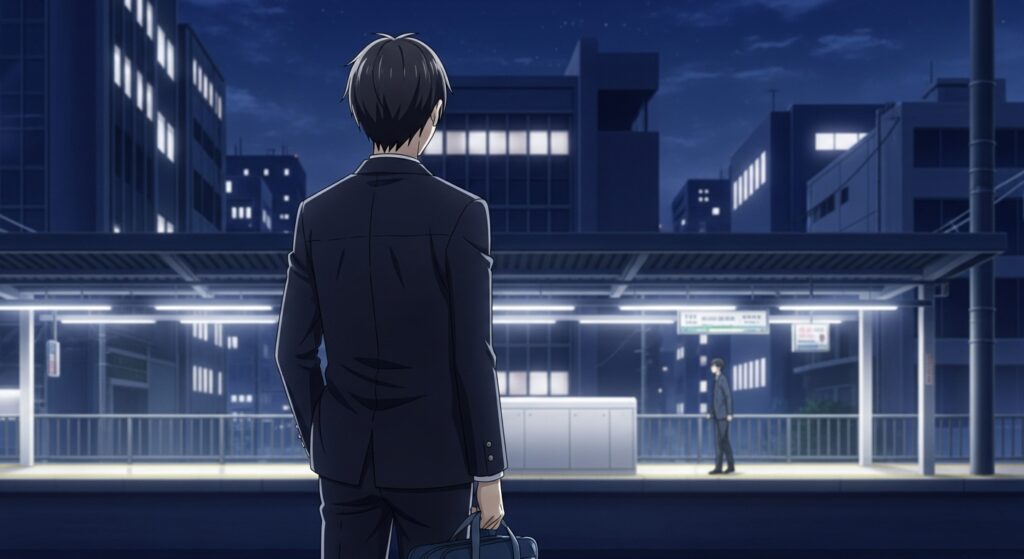 『ちょっと今から仕事やめてくる』の謎の男ヤマモトが、ミステリアスな雰囲気で都会に立つ場面