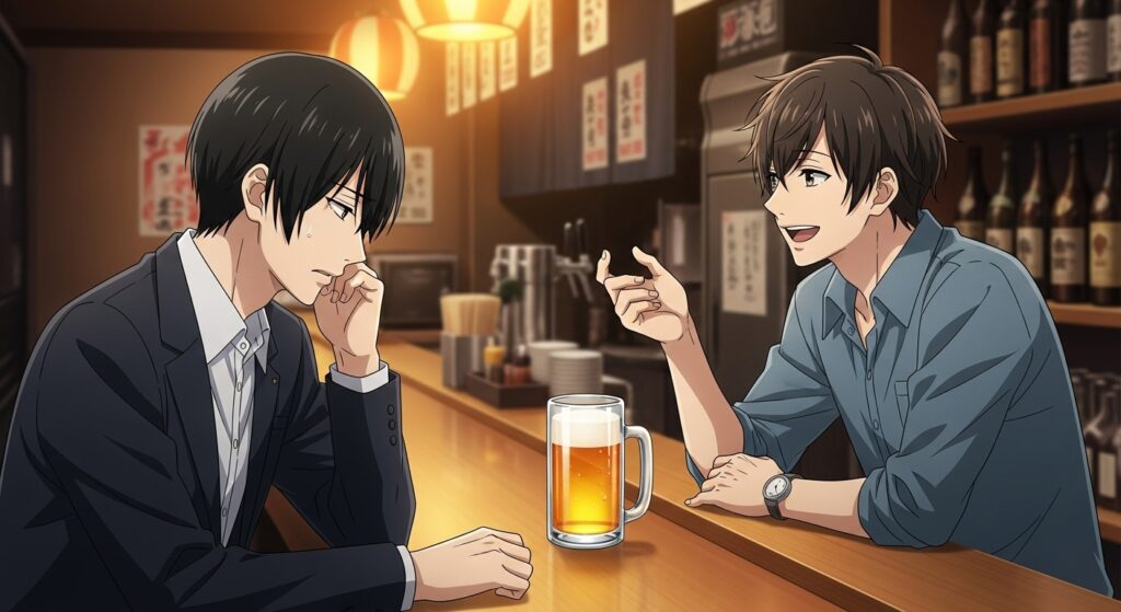 『ちょっと今から仕事やめてくる』の主人公・隆が、謎の男ヤマモトと居酒屋で出会い、話を聞いている場面