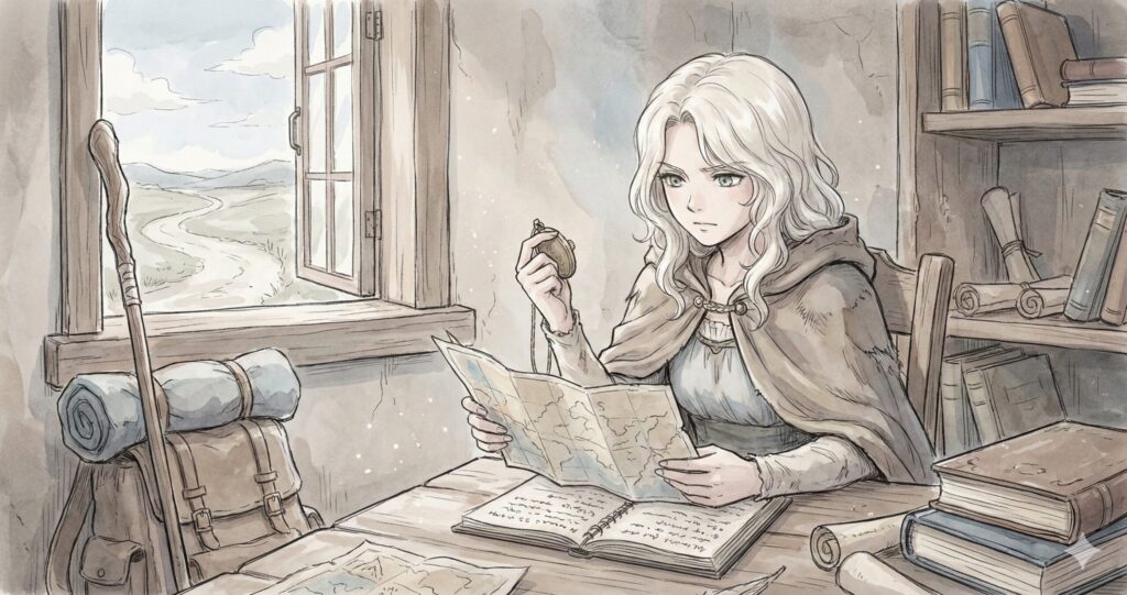 王女アレクシアが旅の途中、埃っぽい部屋で地図と手帳を片手に真実を追い求める、探偵役としての強い意志を描いた水彩画風イラスト
