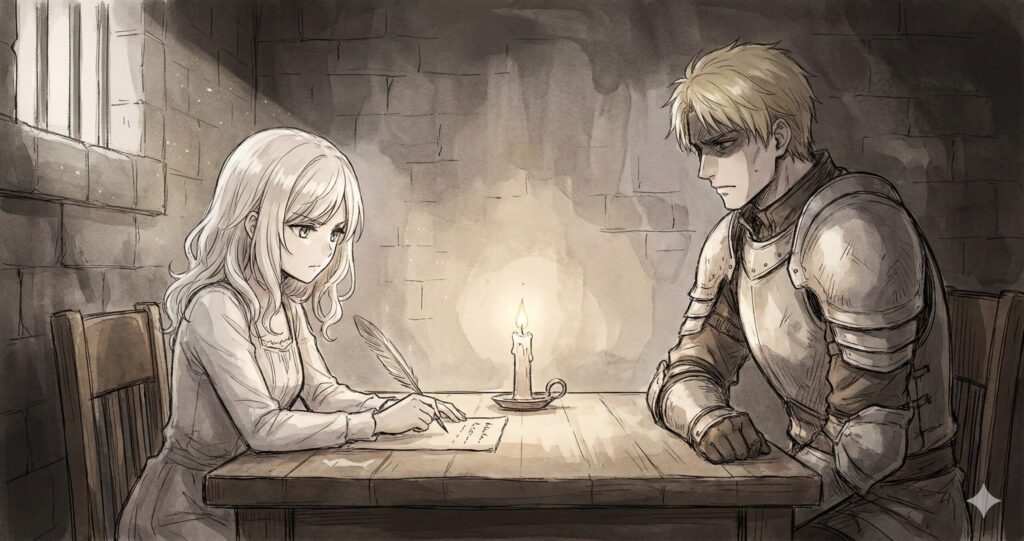 勇者の偉業を編纂するため、かつての仲間にインタビューを行う王女アレクシア。証言者の表情には影が落ち、語られぬ真実があることを暗示している