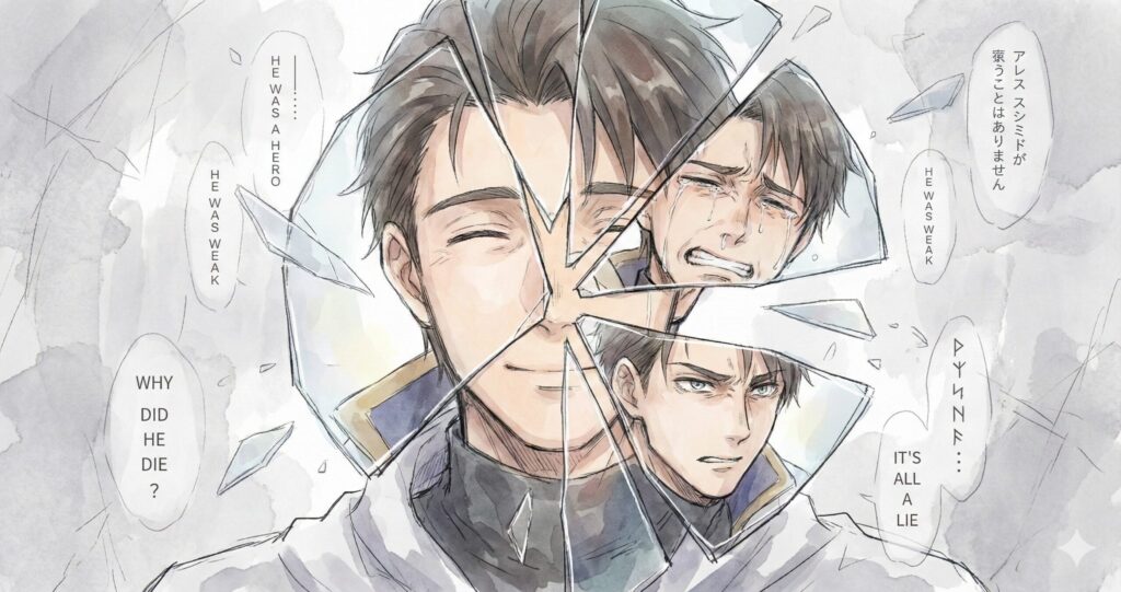 勇者アレスの顔がパズルのように断片化され、それぞれの欠片が異なる表情を見せているイラスト。仲間たちの証言によって勇者像が変化する様子を象徴している