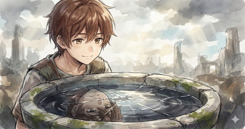 優しく微笑む勇者アレスの肖像画。しかし、鏡や水面に映る彼の虚像は、疲れ切った表情や、どこか別の少年の面影を宿しており、英雄の孤独な二面性を暗示している